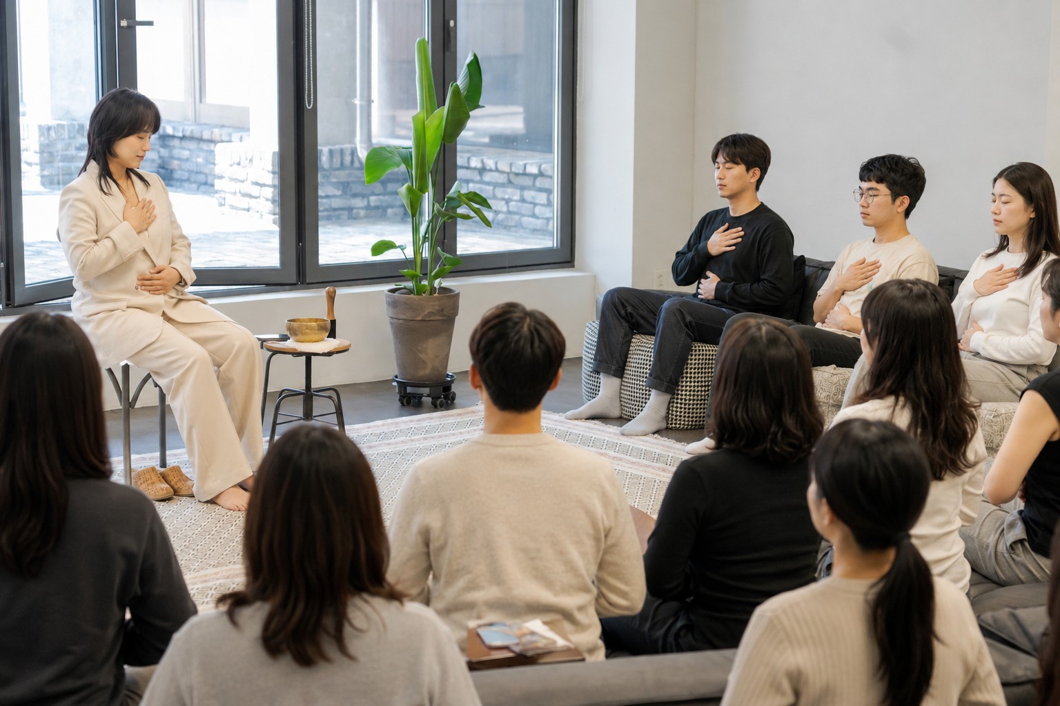 소규모 임직원 명상 워크숍에서 호흡을 안내하는 장면